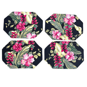 Handmade Quilted Black & Pink Tropical Placemats Set of 4 Hibiscus Florida